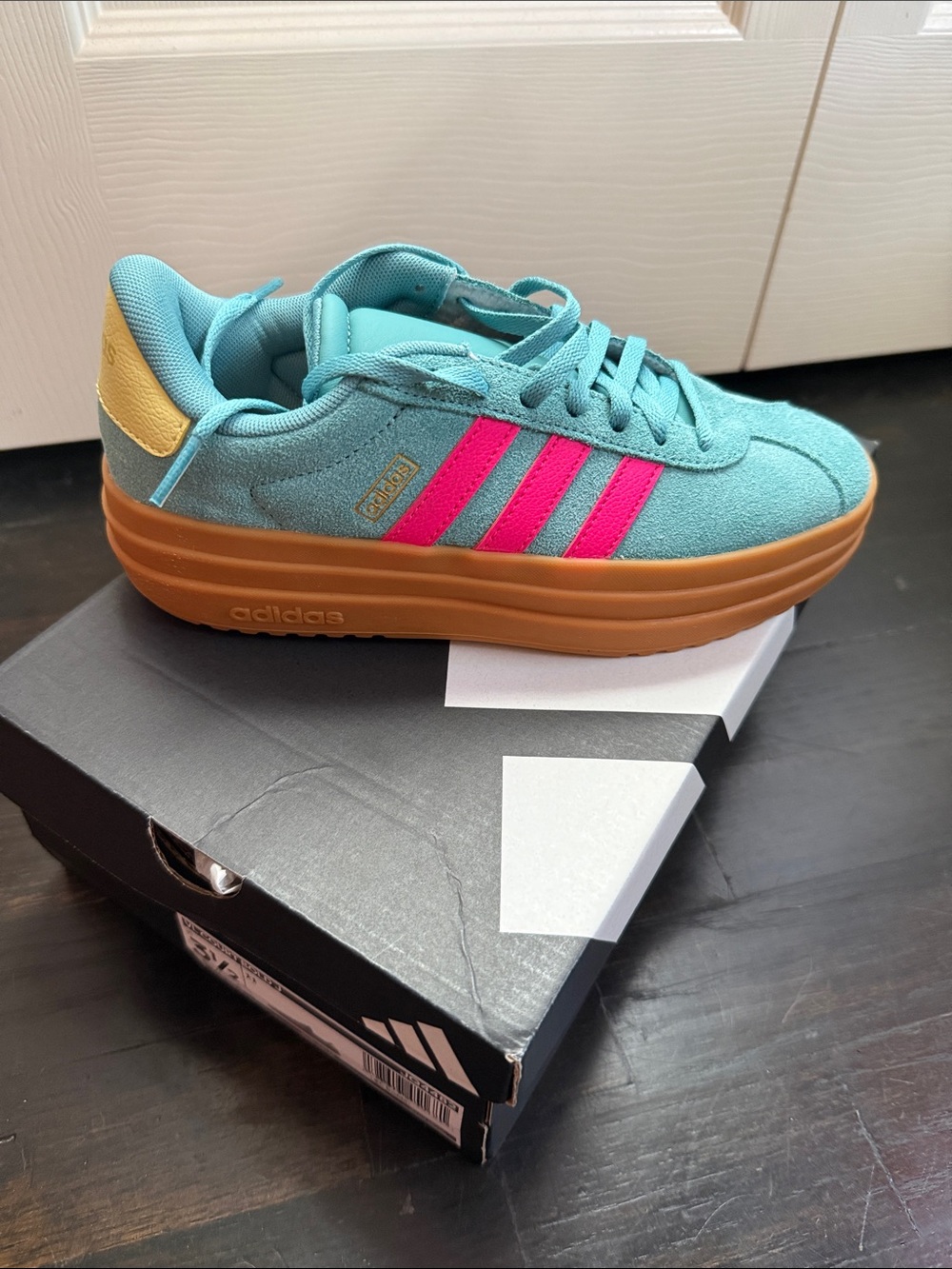 adidas Kids Teal Sneakers with Pink Stripes and Gum Platform